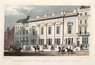 Crockfords Club House, St. James Street. Hospoda. 1828 (ručně kolorovaná rytina) od Thomas Hosmer Shepherd