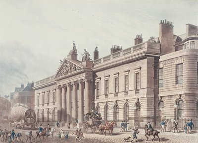 East India House, vyryl Joseph Constantine Stadler (fl.1780-1812), pub. od Ackermanna „Repository of Arts“ (akvatinta) (viz také 18619) od Thomas Hosmer Shepherd