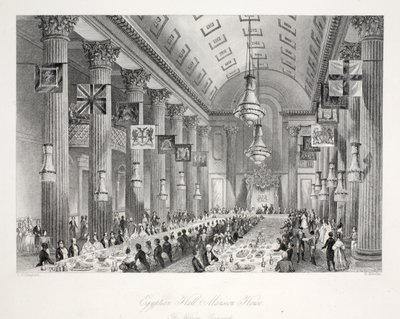 Egyptian Hall, Mansion House, z publikace "London Interiors with their Costumes and Ceremonies" pub. Joseph Mead, Londýn, asi 1843 (ocelorytina) od Thomas Hosmer Shepherd
