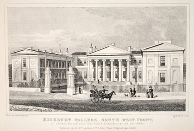 Highbury College, South West Front, z hospody „Londýn a jeho okolí v devatenáctém století“. Jones und Co., 1827-1829 od Thomas Hosmer Shepherd