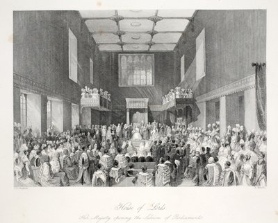 Sněmovna lordů, z knihy "Londýnské interiéry s jejich kostýmy a ceremoniály", pub. Joseph Mead, Londýn, asi 1843 (ocelorytina) od Thomas Hosmer Shepherd