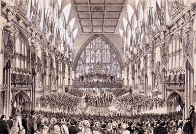 Interiér cechovní haly - Lord Mayor and Corporation předkládají svou adresu císaři a císařovně Francouzů, 19. dubna 1855 od Thomas Hosmer Shepherd