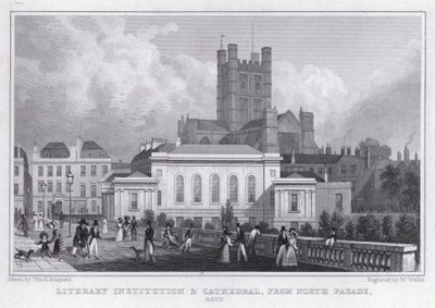 Literární instituce a katedrála, z North Parade, Bath (rytina) od Thomas Hosmer Shepherd