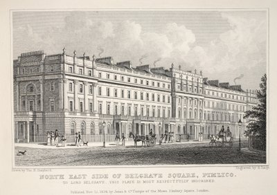 Severovýchodní strana náměstí Belgrave, Pimlico, z hospody „Londýn a jeho okolí v devatenáctém století“. Jones und Co., 1827-1829 od Thomas Hosmer Shepherd