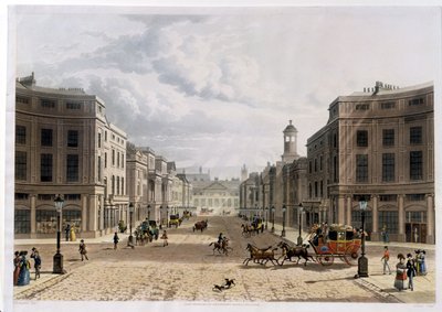 Regent Street, z Piccadilly, ryl J. Bluck (fl.1791-1831), pub. 1822 Ackermannovým 