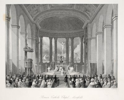 Římskokatolická kaple, Moorfields, z publikace "London Interiors with their Costumes and Ceremonies" pub. Joseph Mead, Londýn, asi 1843 (ocelorytina) od Thomas Hosmer Shepherd