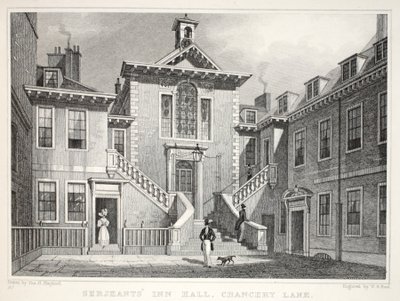 Serjeants Inn, Chancery Lane, z hospody „Londýn a jeho okolí v devatenáctém století“. Jones und Co., 1827-1829 od Thomas Hosmer Shepherd