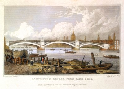 Southwark Bridge z Bank Side, Londýn, 1817 od Thomas Hosmer Shepherd