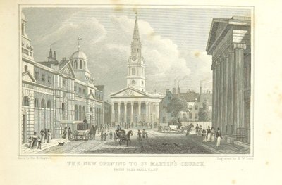 Nové otevření do kostela svatého Martina z Pall Mall East, z „Metropolitan Improvements“ od Thomas Hosmer Shepherd