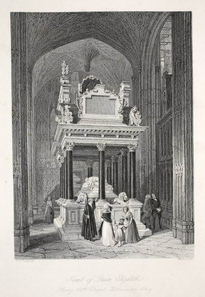 Hrob královny Alžběty I. z hospody „Londýnské interiéry s jejich kostýmy a obřady“. Joseph Mead, Londýn, kolem roku 1843 (ocelová rytina) od Thomas Hosmer Shepherd