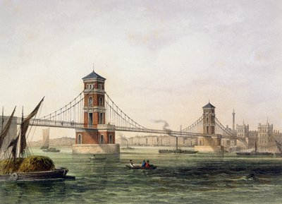Pohled na Hungerford Bridge z východu, vyrytý Jean Jacottet (1806-c.43) 1854 od Thomas Hosmer Shepherd