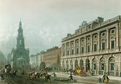 Pohled na Somerset House, from the Strand, ryl J. Bluck (fl.1791-1831), pub. 1819 od Ackermanna „Repository of Arts“ (akvatinta) od Thomas Hosmer Shepherd