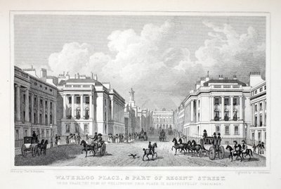 Waterloo Place a část Regent Street z hospody „Londýn a jeho okolí v devatenáctém století“. Jones und Co., 1827-1829 od Thomas Hosmer Shepherd
