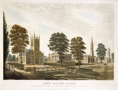 New Haven, Conn. Zahrnující pohled na biskupské a presbyteriánské kostely, State House a Yale College od Thomas Illman