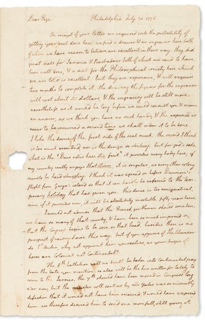 Autogram dopis Johnu Pageovi, Philadelphia, 30. července 1776 od Thomas Jefferson
