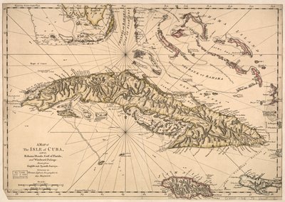 Mapa ostrova Kuba s Bahamskými ostrovy, Floridským zálivem a Závětrným průlivem - podle anglických a španělských map. LOC 73697703 od Thomas Jefferys