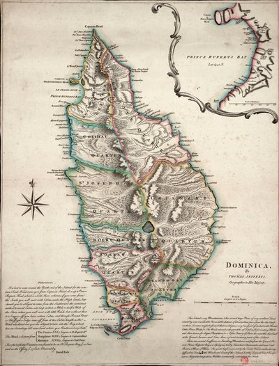 Barevná mapa Dominiky s podrobnými zeměpisnými poznámkami, cca 1760 (ručně kolorovaná rytina) od Thomas Jefferys