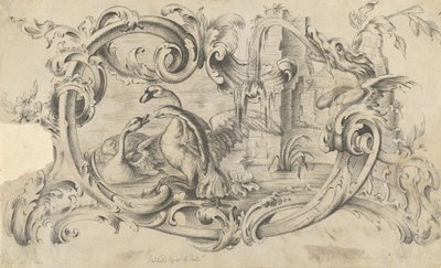 Design pro tablet pro komín se dvěma labutěmi v boji, uzavřený ve svitku..., 1762. od Thomas Johnson