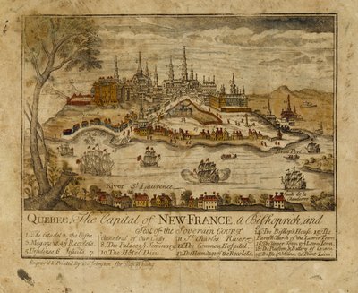 Quebec, hlavní město Nové Francie, biskupství a sídlo panovnického soudu, 1759 (ručně kolorovaná rytina) od Thomas Johnston