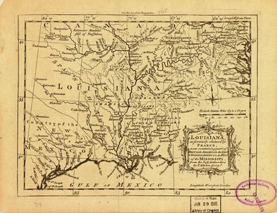 Louisiana, na kterou si dříve činila nárok Francie a která nyní zahrnuje část Britské Ameriky na východě a Španělské Ameriky na západě od Mississippi. LOC 77690498 od Thomas Kitchin