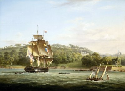 Královská fregata a další lodě v zátoce Barn Bay u Plymouthu v Anglii před horou Mount Edgcumbe. Olej na plátně, asi 1830-55, autor Thomas Lyde Hornbrook (1808-1855). od Thomas L. Hornbrook