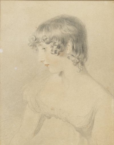 Bustový portrét Susan Bloxamové, otočený z profilu doleva, 1818 (černá křída, dotčená červenou křídou, lehce naražená na bílé kartě s hnědou barvou) od Thomas Lawrence