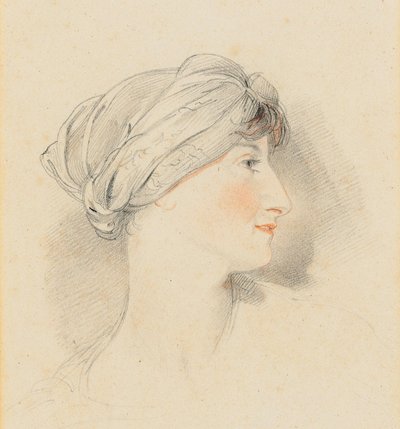 Portrét hlavy paní Jens Wolffové, z profilu vpravo, v turbanu (tužka, černá a červená křída) od Thomas Lawrence