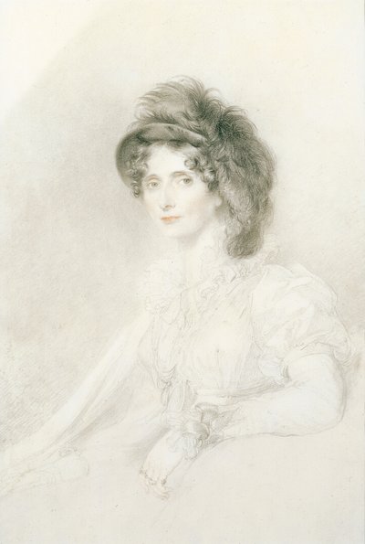 Portrét Alžběty, vévodkyně z Devonshire (1758-1824), sedící, polodlouhá, na hlavě velký opeřený klobouk (tužka, černá a červená křída na papíře) od Thomas Lawrence