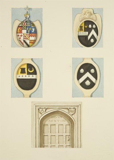 Erby a parapety nad dveřmi na Sextonově domě ve Whitson Court (tužka a akvarel na papíře) od Thomas Leeson the Elder Rowbotham