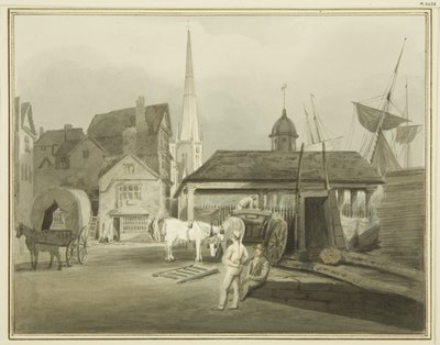 Severovýchodní konec King Street, zobrazující velšský trh v roce 1802 (akvarel na papíře) od Thomas Leeson the Elder Rowbotham