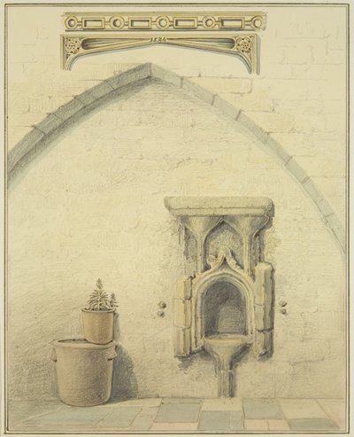 Piscina, Frieze and Spandrels in Courtyard of 131 Temple Street (tužka a akvarel na papíře) od Thomas Leeson the Elder Rowbotham