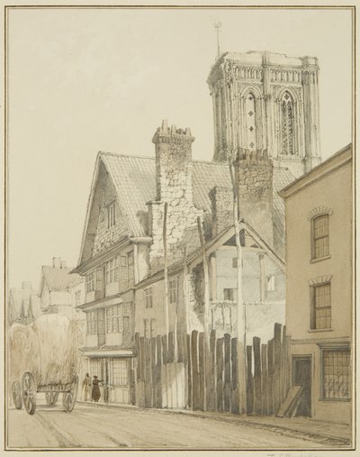 Temple Street, ukazující Tower of Temple Church (akvarel na papíře) od Thomas Leeson the Elder Rowbotham