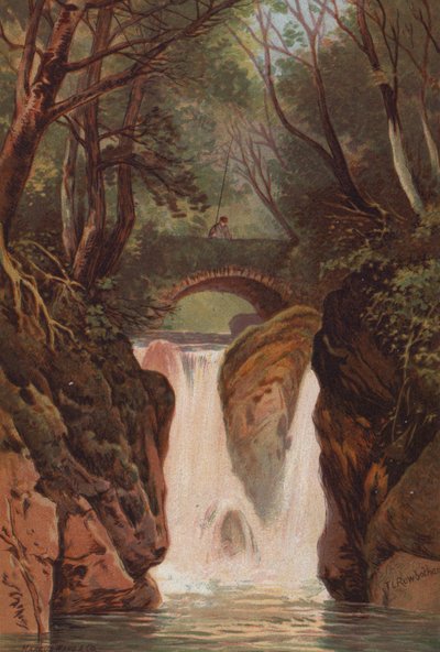 Anglická jezera, Rydal Falls (barva litho) od Thomas Leeson the Elder Rowbotham
