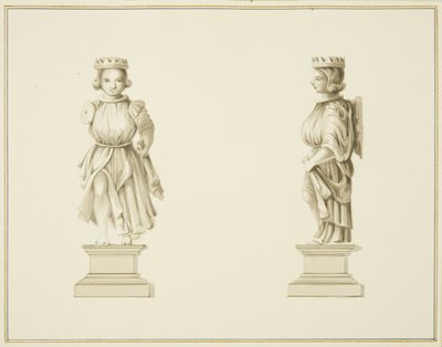 Dva pohledy na vyřezávanou dřevěnou figuru v sakristii kostela sv. Jana (tužka a akvarel na papíře) od Thomas Leeson the Elder Rowbotham