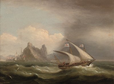 Ozbrojený Xebec ve Středozemním moři, britská fregata ze zádi a běžící kolem skalnatého pobřeží, 1822 od Thomas Luny