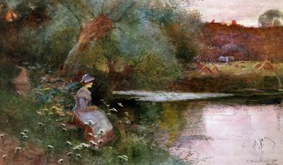 V Hampton Lucy, Warwickshire. Mladá dívka sedící u jezera na venkově. Obraz Thomase Mackaye (1851-1920) Soukromá sbírka od Thomas Mackay
