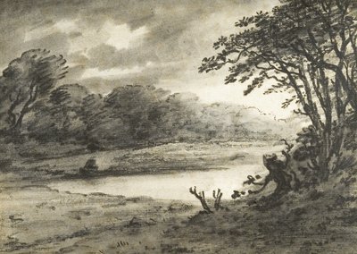 Jezerní scéna (uhel a wash na papíře) od Thomas Monro