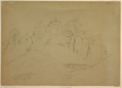 Kresba, Řeka Rio Virgin s velkými skalními útvary, 1873 od Thomas Moran