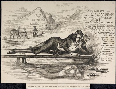 Oscar Wilde jako Narcis (s nápisem) (rytina) od Thomas Nast