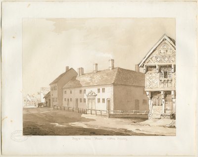 Abbots Bromley Almshouses: sépiová lavírovaná kresba od Thomas Peploe Wood