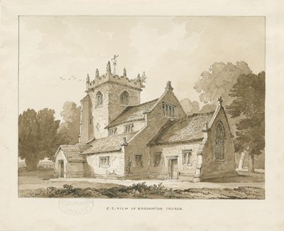 Broughton Church: sépiová kresba, 1838 od Thomas Peploe Wood