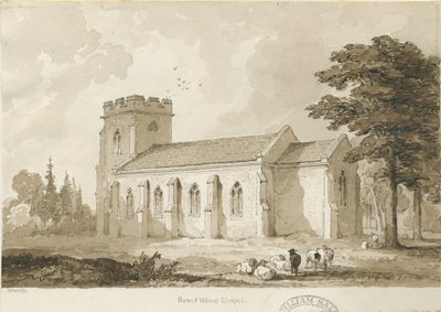Burntwood - Christ Church: sépiová kresba od Thomas Peploe Wood