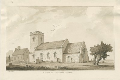 Ellenhall Church: sépiová kresba od Thomas Peploe Wood