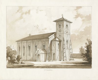 Kostel Ettingshall: sépiová lavírovaná kresba, 1841 od Thomas Peploe Wood