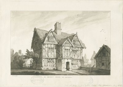 Gnosall Village - Ancient House: lavírovaná kresba od Thomas Peploe Wood