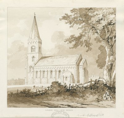 Golden Hill Church: sépie lavírovaná kresba od Thomas Peploe Wood