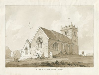 High Offley Church: sépiová kresba od Thomas Peploe Wood