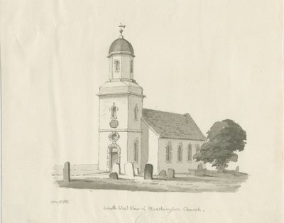 Marchington Church: sépiová kresba, 1836 od Thomas Peploe Wood