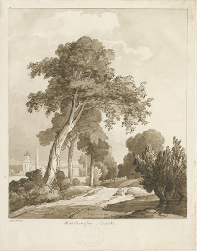 Marchington Church: sépiová kresba, 1836 od Thomas Peploe Wood