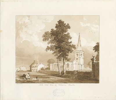 Rolleston Church: kresba v červené sépii, 1836 od Thomas Peploe Wood
